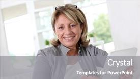  Presentation with home - Cool new PPT theme with lady computer - smiling senior woman at home backdrop and a gray colored foreground