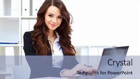  Presentation with notebook - Presentation theme featuring lady computer - young pretty business woman background and a light blue colored foreground