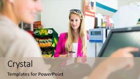  Presentation with grocery store lottery - Slide set having lady food - beautiful young woman paying background and a mint green colored foreground