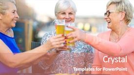  Presentation with beer women - Beautiful slide deck featuring lady group - smiling senior women having backdrop and a coral colored foreground