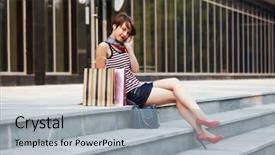  Presentation with phone - Audience pleasing PPT layouts consisting of lady hand bag - happy shopper on the phone backdrop and a light gray colored foreground