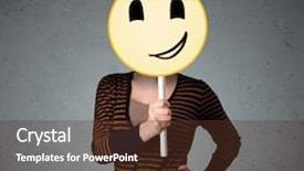  Presentation with young business woman smile show - PPT theme consisting of lady holding a yellow smiley background and a tawny brown colored foreground