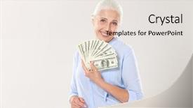  Presentation with elderly holding pills - PPT theme consisting of lady holding fan of money background and a sky blue colored foreground