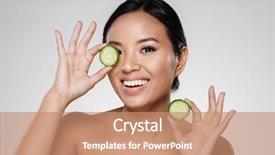  Presentation with asian foods - Audience pleasing PPT theme consisting of lady holding slices of cucumber backdrop and a coral colored foreground