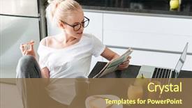  Presentation with tarot card spread reading - Slide set consisting of lady in eyeglasses reading newspaper background and a tawny brown colored foreground