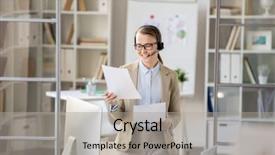  Presentation with assistive device - Presentation featuring lady in hands-free device background and a light gray colored foreground