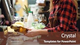  Presentation with photo show - PPT theme consisting of lady on workspace in supermarket background and a tawny brown colored foreground