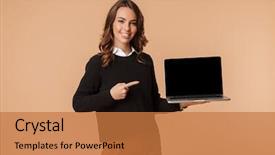  Presentation with laptop blank screen - Cool new slide set with lady presenter - happy young woman wearing sweater backdrop and a coral colored foreground