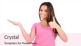  Presentation with palm - Presentation having lady presenter - isolated young casual woman holding background and a coral colored foreground