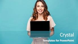  Presentation with laptop blank screen - Slide deck enhanced with lady presenter - portrait of a cheerful beautiful background and a  colored foreground