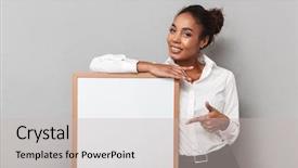  Presentation with african american in business - Presentation enhanced with lady presenter - smiling african business woman wearing background and a light gray colored foreground