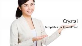  Presentation with helping others two hands woman - Beautiful PPT theme featuring lady presenter - woman showing something with two backdrop and a white colored foreground