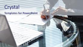  Presentation with lady - Amazing PPT theme having lady putting signatures on document backdrop and a sky blue colored foreground