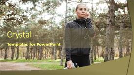  Presentation with runner - Cool new PPT theme with lady runner in warm clothes looking aside in autumn park while holding bottle of water and touching earphones backdrop and a violet colored foreground