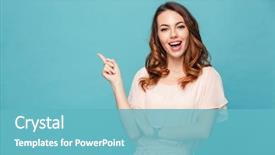  Presentation with happy image - Audience pleasing PPT theme consisting of lady standing isolated over blue backdrop and a teal colored foreground