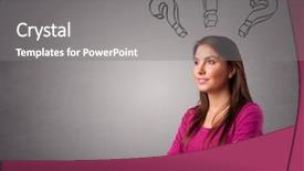  Presentation with questions question marks idea - Colorful slide deck enhanced with lady thinking with question mark backdrop and a gray colored foreground