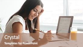  Presentation with home documents - PPT theme featuring lady using laptop and analyzing background and a  colored foreground