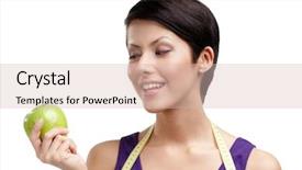  Presentation with flexible - Cool new presentation theme with lady with flexible ruler and green ripe apple isolated on white backdrop and a soft green colored foreground