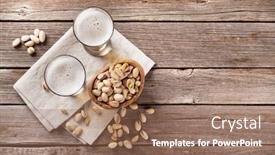  Presentation with snacks - Cool new PPT theme with lager beer mug and snacks on wooden table top view with copy space backdrop and a coral colored foreground