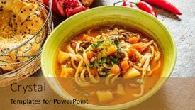  Presentation with meat - Slide deck with laghman-soup-with-meat background and a gold colored foreground