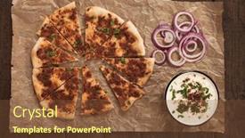  Presentation with street food - Theme enhanced with lahmacun turkish meat and pastry street food similar to pizza background and a tawny brown colored foreground