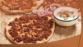  Presentation with street food - Colorful presentation theme enhanced with lahmacun turkish meat and pastry street food similar to pizza backdrop and a red colored foreground
