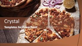  Presentation with parchment paper - PPT theme with lahmacun turkish meat pizza sliced in triangles on parchment paper background and a tawny brown colored foreground