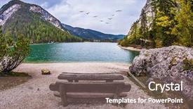  Presentation with birds flying - Amazing PPT theme having wooden table and benches for picnics by the lake above the lake a flock of migratory birds flying south tyrol italy the concept of walking and eco-tourism backdrop and a gray colored foreground