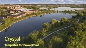  Presentation with community center - Audience pleasing slide set consisting of lake beside a community center backdrop and a tawny brown colored foreground