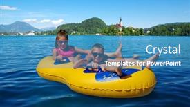  Presentation with europe - Audience pleasing slide deck consisting of lake-bled-and-mountains-slovenia backdrop and a teal colored foreground