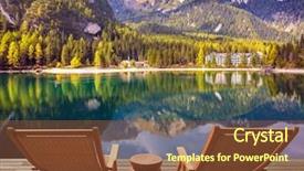  Presentation with water sun - PPT theme featuring lake in south tyrol italy pair of comfortable sun loungers on the lake the concept of walking and eco-tourism water reflects the surrounding mountains and forest background and a tawny brown colored foreground