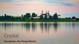  Presentation with monastery - Slide deck consisting of lake-near-the-monastery background and a coral colored foreground