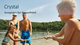  Presentation with family playing board game - Audience pleasing theme consisting of lake playing tug of war backdrop and a light blue colored foreground