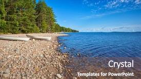  Presentation with finland - Presentation theme consisting of lake shore with boats finland morning landscape background and a violet colored foreground