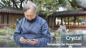  Presentation with old vintage mobile phones - Amazing PPT theme having lake video - asian old man use backdrop and a ocean colored foreground