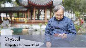  Presentation with old vintage mobile phones - Slide set featuring lake video - asian old man use background and a light blue colored foreground