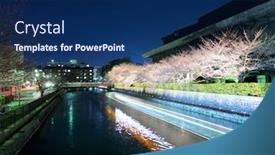  Presentation with sakura - Colorful presentation design enhanced with lake with sakura cherry in kyoto at night backdrop and a navy blue colored foreground