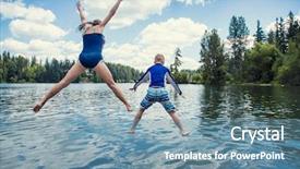  Presentation with lake dock - Presentation theme consisting of lakeshore - boy and girl jumping off background and a seafoam green colored foreground