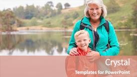  Presentation with five business people standing together and smiling - Theme featuring lakeshore - grandmother and grandson standing together background and a coral colored foreground