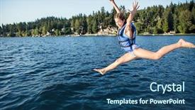  Presentation with lake dock - PPT theme with lakeshore - happy girl jumping off background and a ocean colored foreground