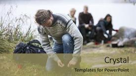  Presentation with hiking - Beautiful PPT theme featuring lakeshore - hiking male tying shoelace backdrop and a  colored foreground