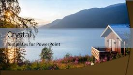  Presentation with summer - Presentation theme enhanced with lakeshore - norwegian wooden summer house hytte background and a light blue colored foreground