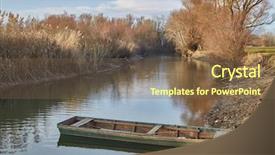  Presentation with draagon boat racing - PPT theme having lakeside landscape with abandoned boat background and a tawny brown colored foreground
