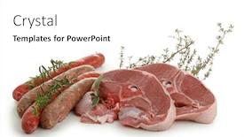  Presentation with sausages - Theme consisting of lamb chop and sausages with herbs isolated on white background background and a white colored foreground