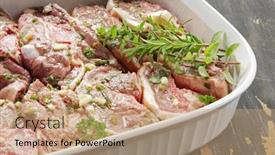  Presentation with olive oil - Colorful slides enhanced with lamb chops marinating in a mixture of olive oil lemon juice onion garlic and fresh herbs ready for a delicious barbecue backdrop and a coral colored foreground