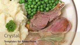  Presentation with peas - Slides consisting of lamb cutlets with mashed potato peas and gravy background and a coral colored foreground