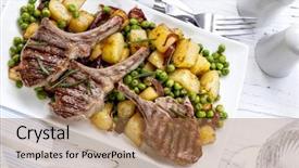  Presentation with peas - Presentation theme with lamb cutlets with roasted potatoes and peas garnished with rosemary background and a coral colored foreground