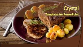  Presentation with veal - Audience pleasing PPT theme consisting of lamb grill - roast of veal with potatoes backdrop and a tawny brown colored foreground