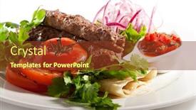  Presentation with kebab - Presentation design featuring lamb kebab with salsa sauce background and a tawny brown colored foreground