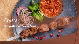 Presentation with kebab - Colorful PPT layouts enhanced with lamb-kebab-with-sauce backdrop and a red colored foreground
